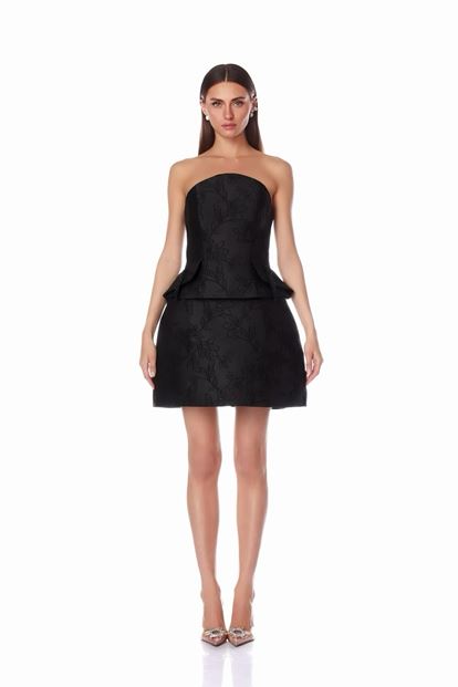 Robe de soirée noire courte à pompons de cristal